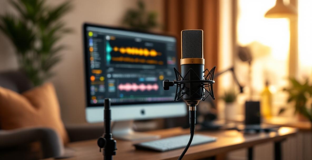 Cozy modern podcast studio with microphone and computer displaying audio waveforms.