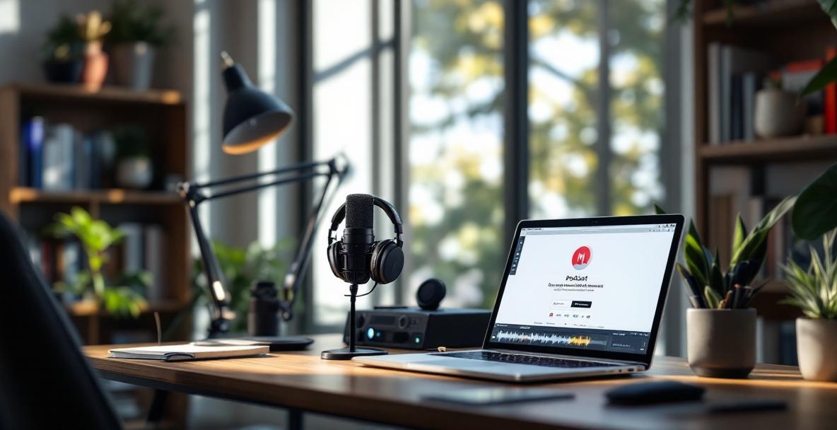 A minimalist home studio for podcasting with a microphone, laptop, and bookshelf.
