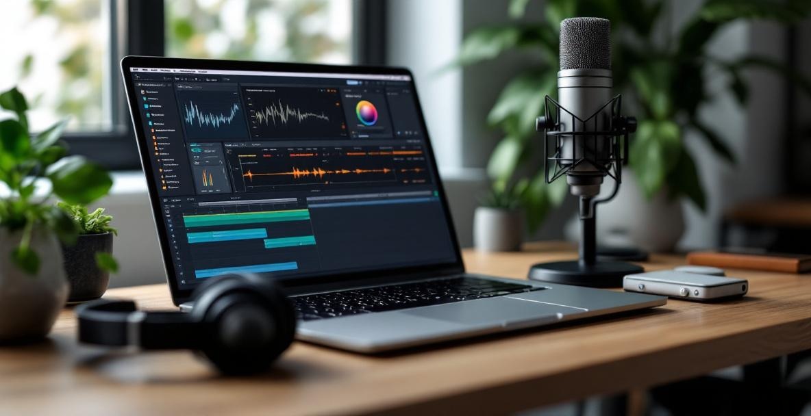Modern podcasting setup with laptop, microphone, headphones, and audio interface on a wooden desk.
