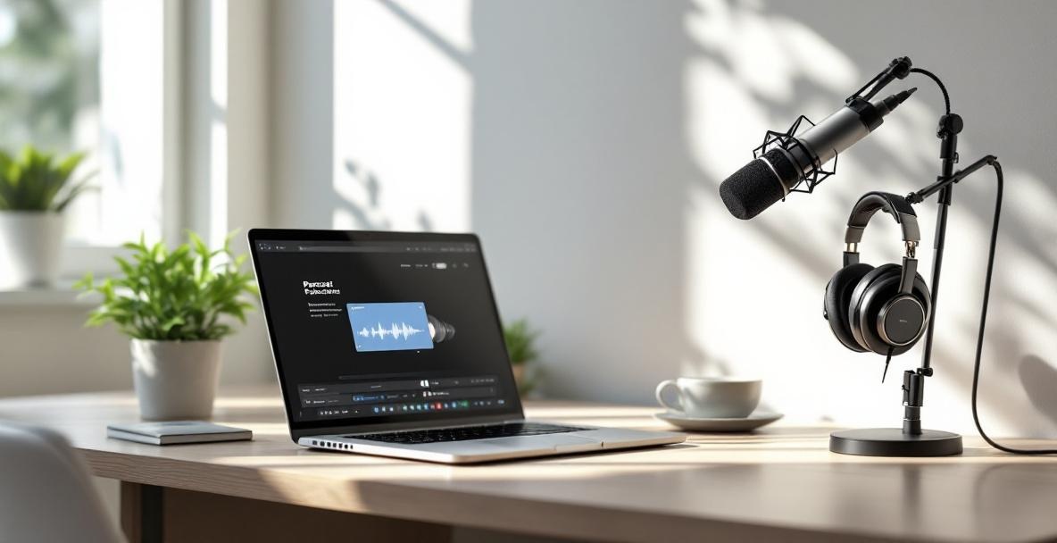 Modern home office with laptop, podcast software, microphone, and headphones.