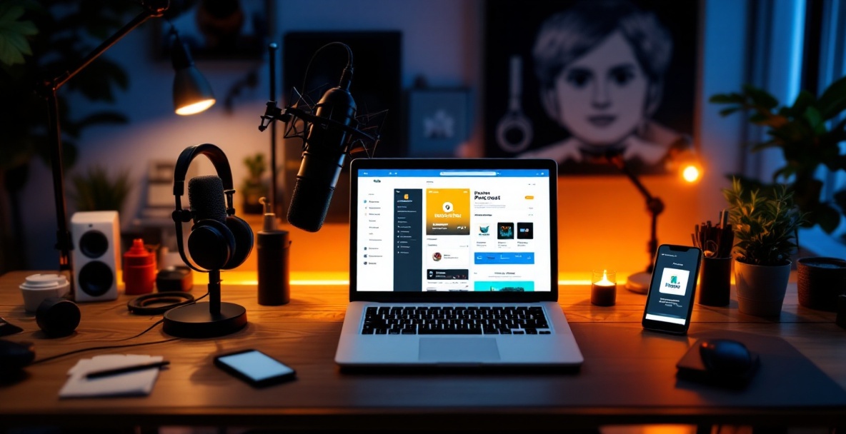 Podcaster's workspace with microphone, laptop, and mobile devices displaying podcast branding.