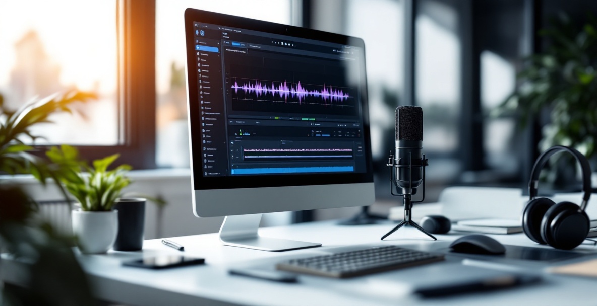 Modern digital workspace with podcast software on a sleek monitor and a microphone on a minimalist desk.