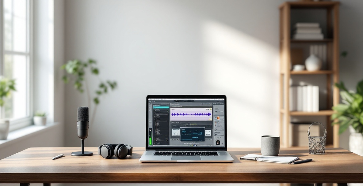 Modern podcasting workspace with laptop and recording equipment on a wooden desk.