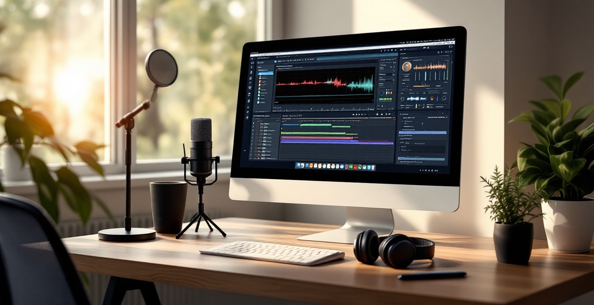 Podcaster's workspace with computer, microphone, headphones, and soft lighting.