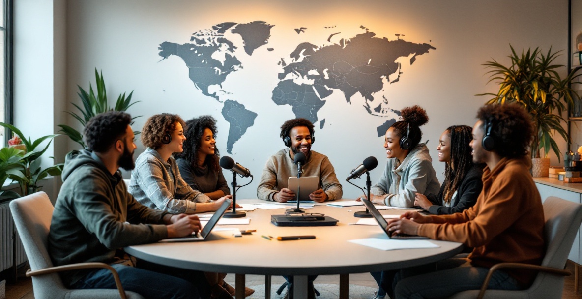 Diverse group in a cozy podcast studio with microphones and brainstorming materials on a round table.