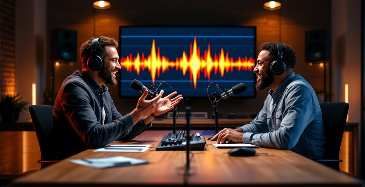 Two podcast hosts at a table in a sleek studio, surrounded by audio gear, actively engaged in conversation.