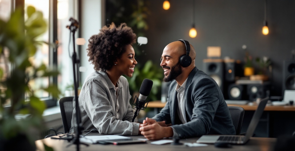 Podcaster in studio with symbols of community and engagement around them.