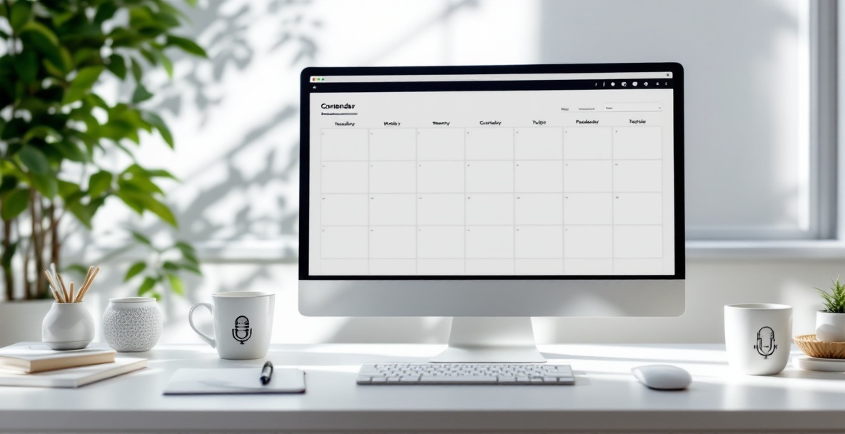 Modern workspace with content calendar on screen, surrounded by minimalistic items like a notebook, pen, and coffee mug.