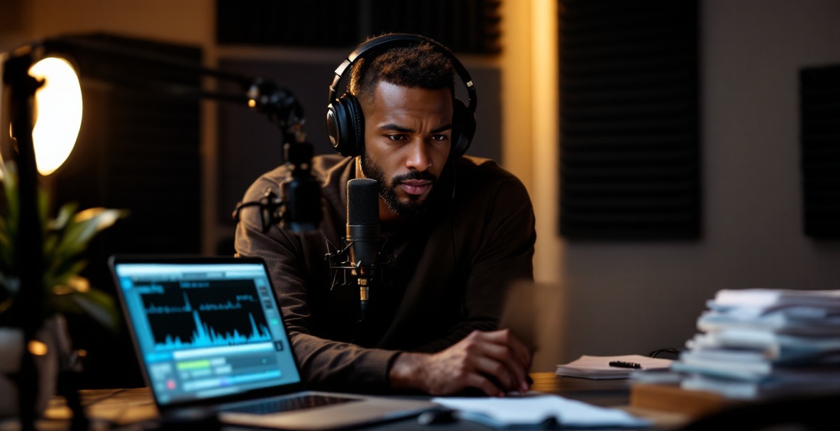 Podcaster in a modern studio with professional audio equipment, focused on creating an engaging episode.
