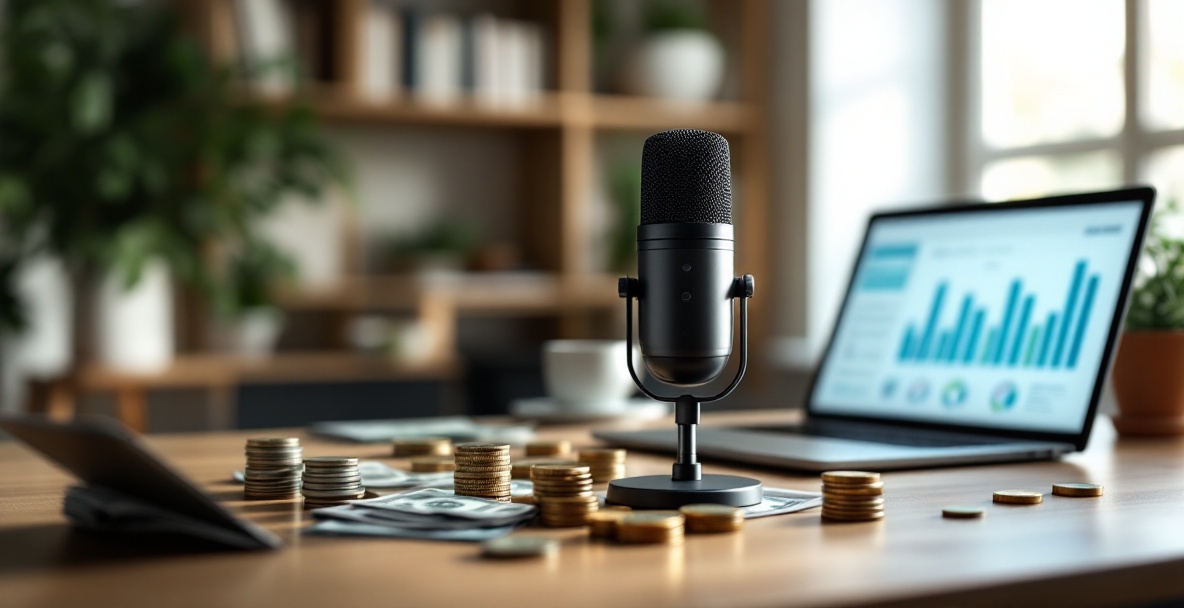 Modern microphone on desk with monetization symbols and charts, softly lit with books and plants in the background.