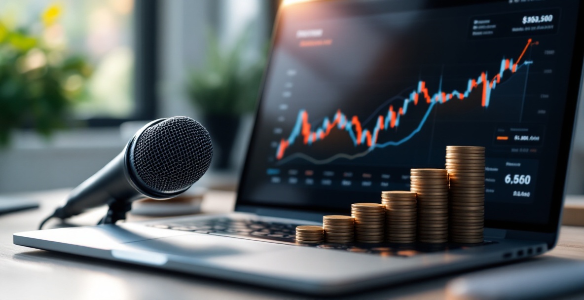 Close-up of a workspace with a laptop showing a financial graph, a microphone, and stacked coins.