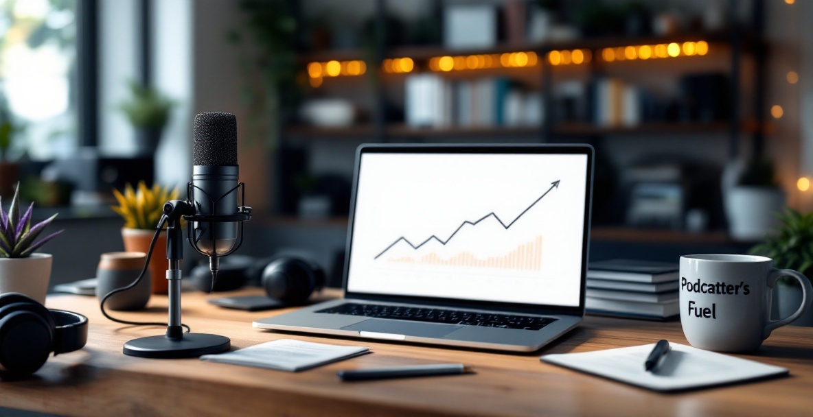 Modern podcast studio setup with focus on monetization strategies, featuring microphone, laptop, and headphones.