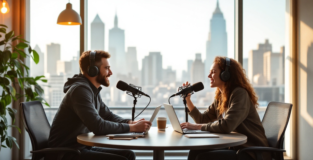Modern podcast studio with two diverse podcasters discussing at a table, cityscape visible through a window.