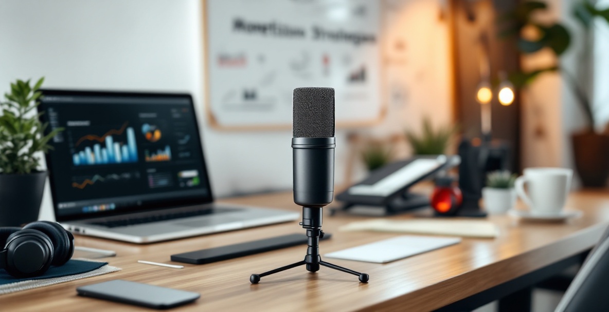 Modern podcast studio with microphone, laptop, headphones, and coffee on a wooden desk.