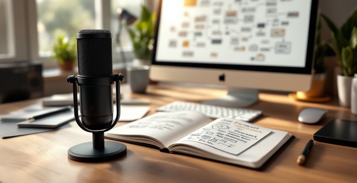 Modern workspace with a microphone, notebook, and computer screen on a wooden desk.