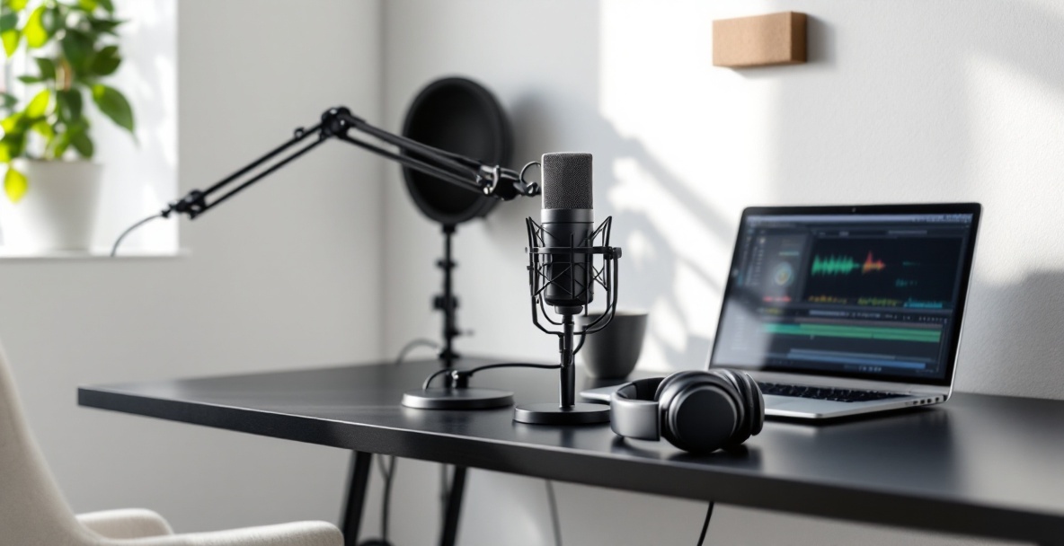 Modern podcast setup with microphone, laptop, headphones, and acoustic foam.