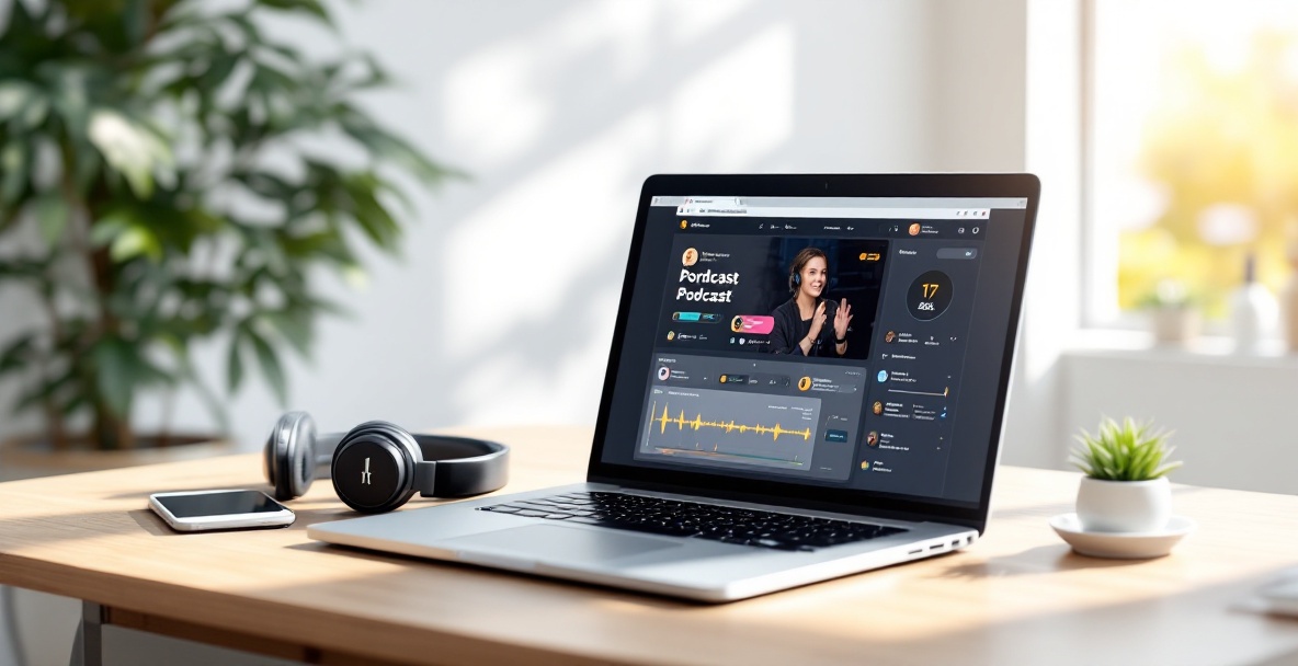 Laptop with podcast dashboard on desk, microphone, headphones, and phone with notifications.