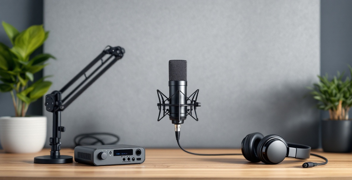 Minimalistic podcast setup with a condenser microphone, audio interface, headphones, and acoustic panels.