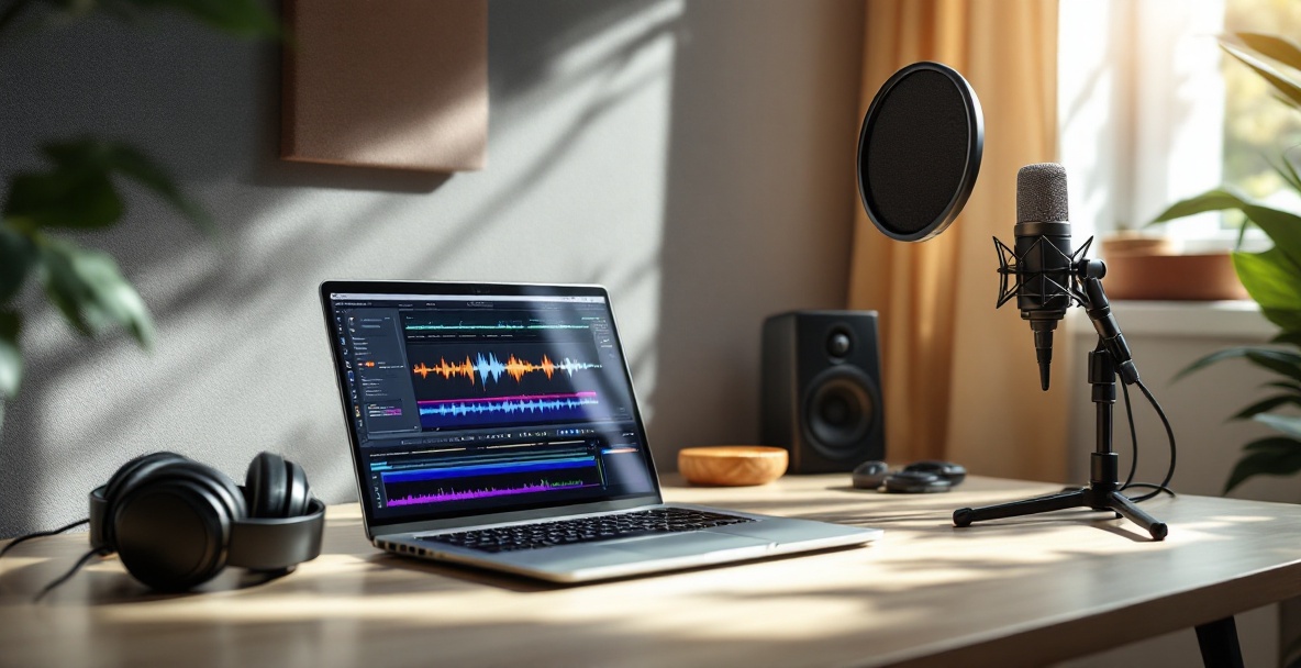 Minimalist podcast editing workspace with laptop, headphones, and microphone.