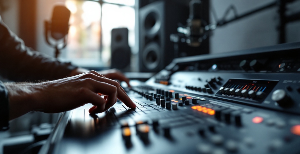 Hands adjusting audio levels on a mixing console in a modern studio.