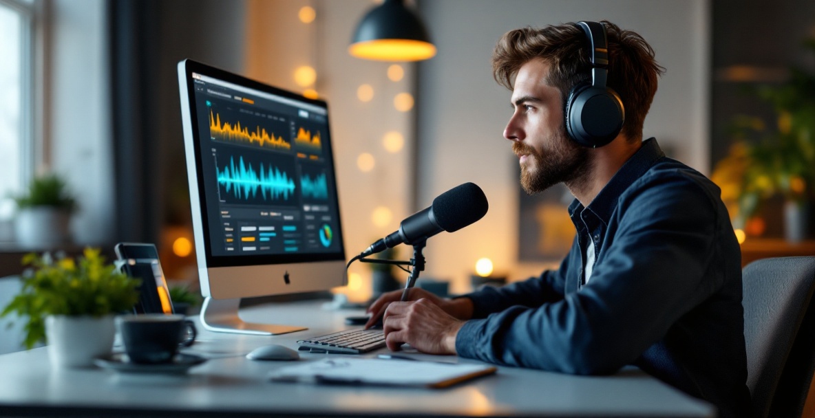 Podcaster at a modern studio desk, engaging with analytics displayed on a screen.
