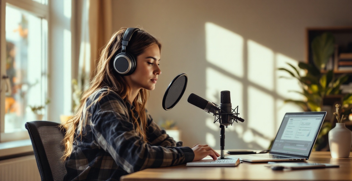 Podcaster at desk wearing headphones with microphone, laptop, and notepad with feedback.