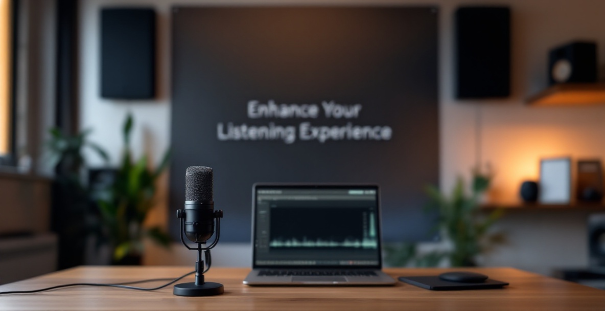 Modern podcast studio with a microphone, laptop, and banner reading 'Enhance Your Listening Experience'.