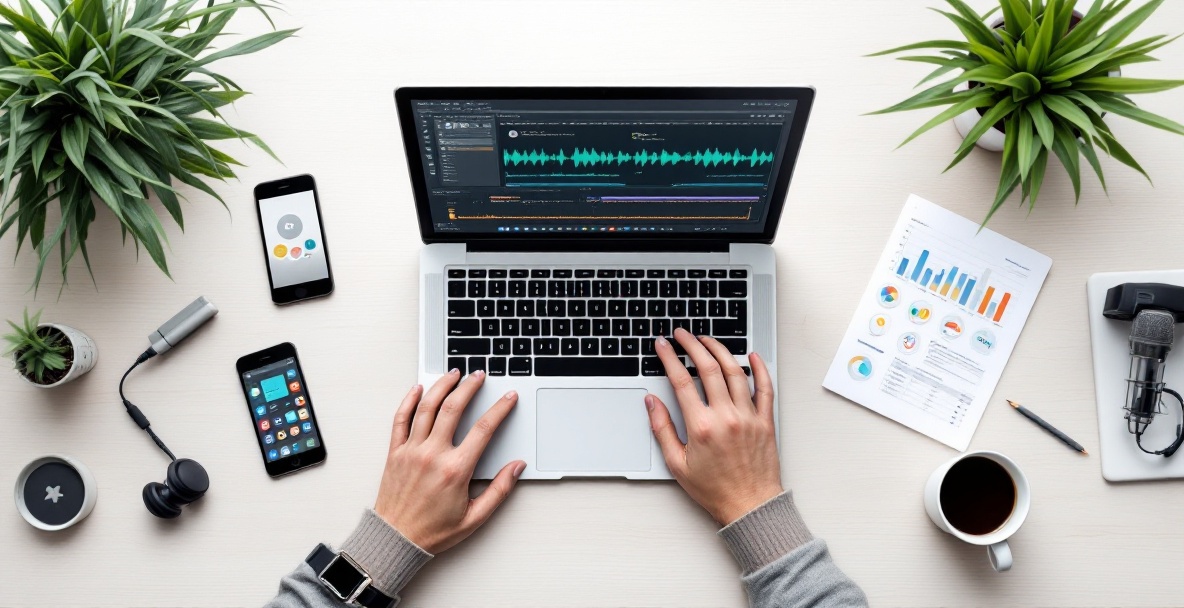 Modern workspace showing podcast editing on a laptop, with digital marketing tools and notes.