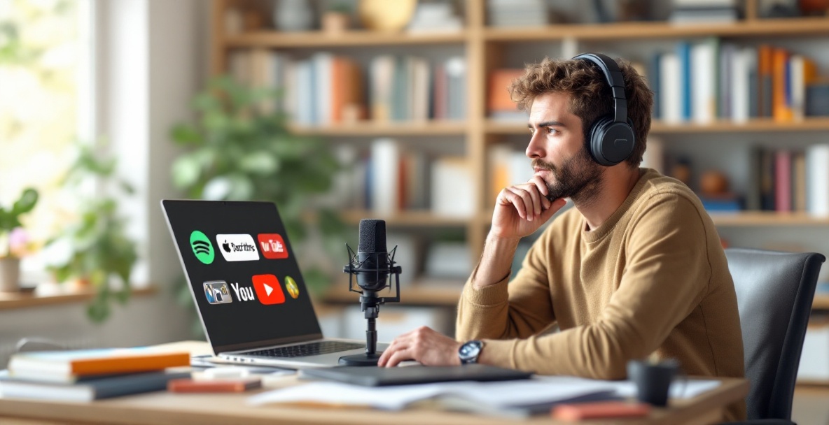 Podcaster at a desk with microphone analyzing digital platform icons on laptop.