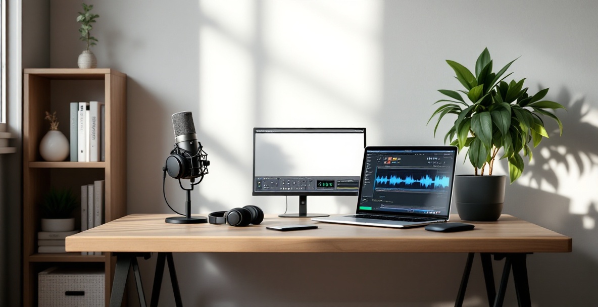 Modern podcasting workspace with microphone, headphones, laptop, and audio mixer.