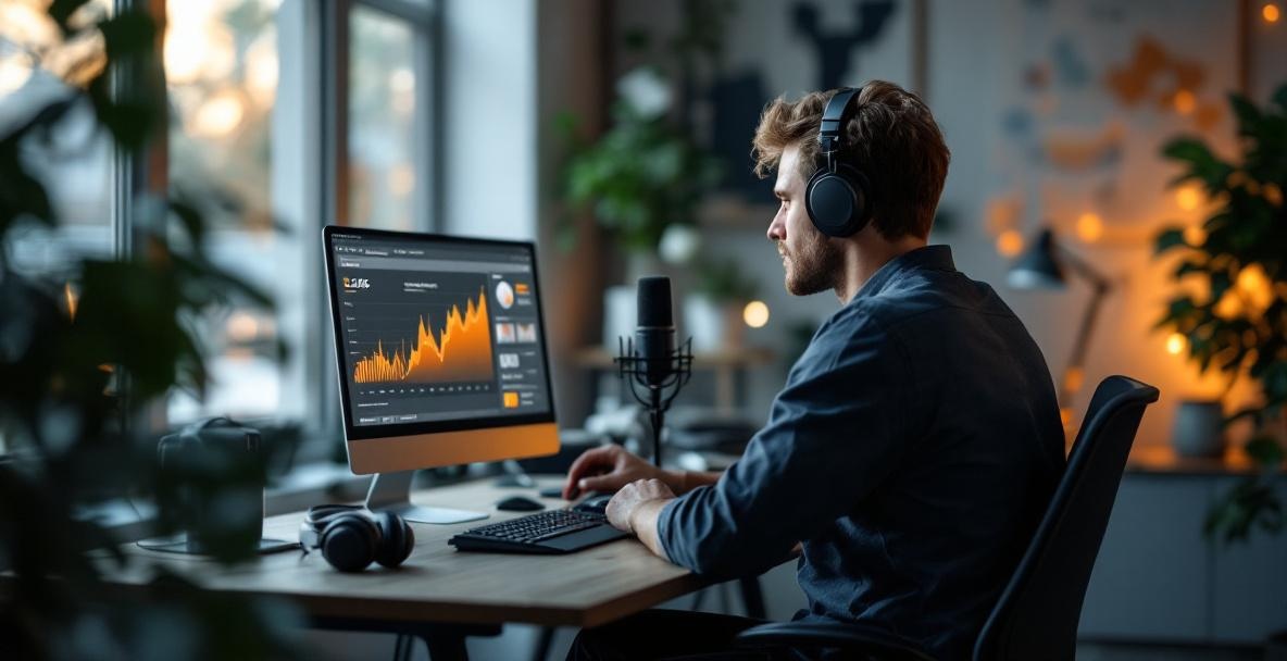 Podcaster analyzing audience data at a modern home studio desk.