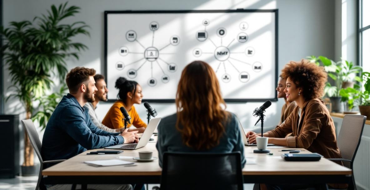 Diverse group collaborating with podcast tools in a bright office, focusing on promotion strategies