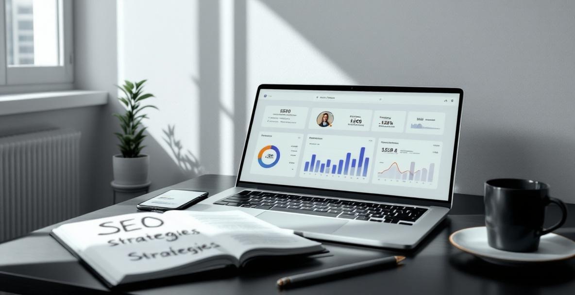 Modern workspace with laptop showing analytics, smartphone with podcast app, and notepad with SEO strategies.