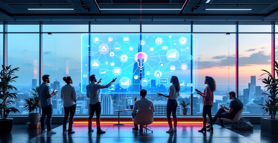 Diverse group of podcasters using holographic interfaces in a modern office with city skyline.