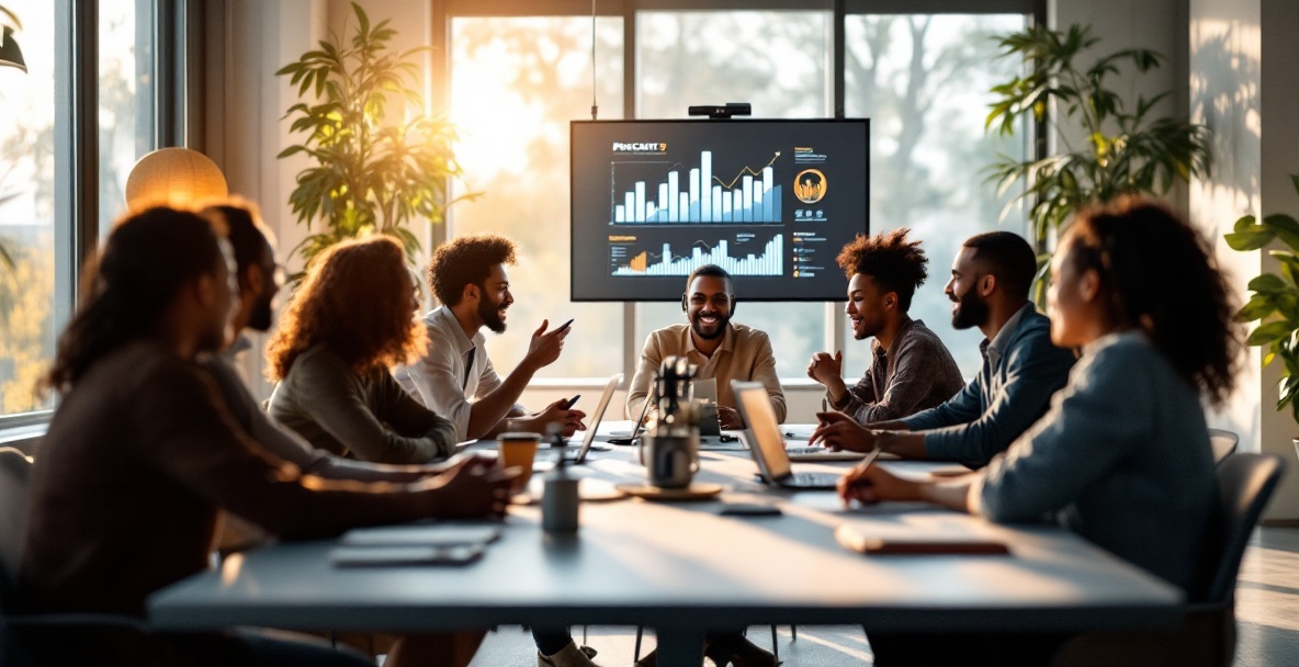 Diverse group of podcasters and marketers discuss around a table, with podcast analytics on a digital screen.