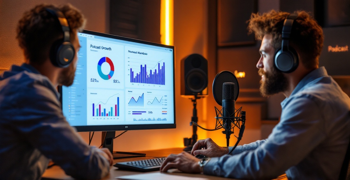 Modern podcast studio with marketer analyzing monetization data and podcaster in conversation.