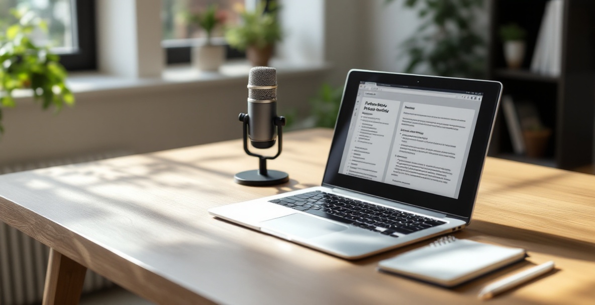 Minimalist workspace for podcast preparation with laptop, microphone, notepad, and books in natural daylight.