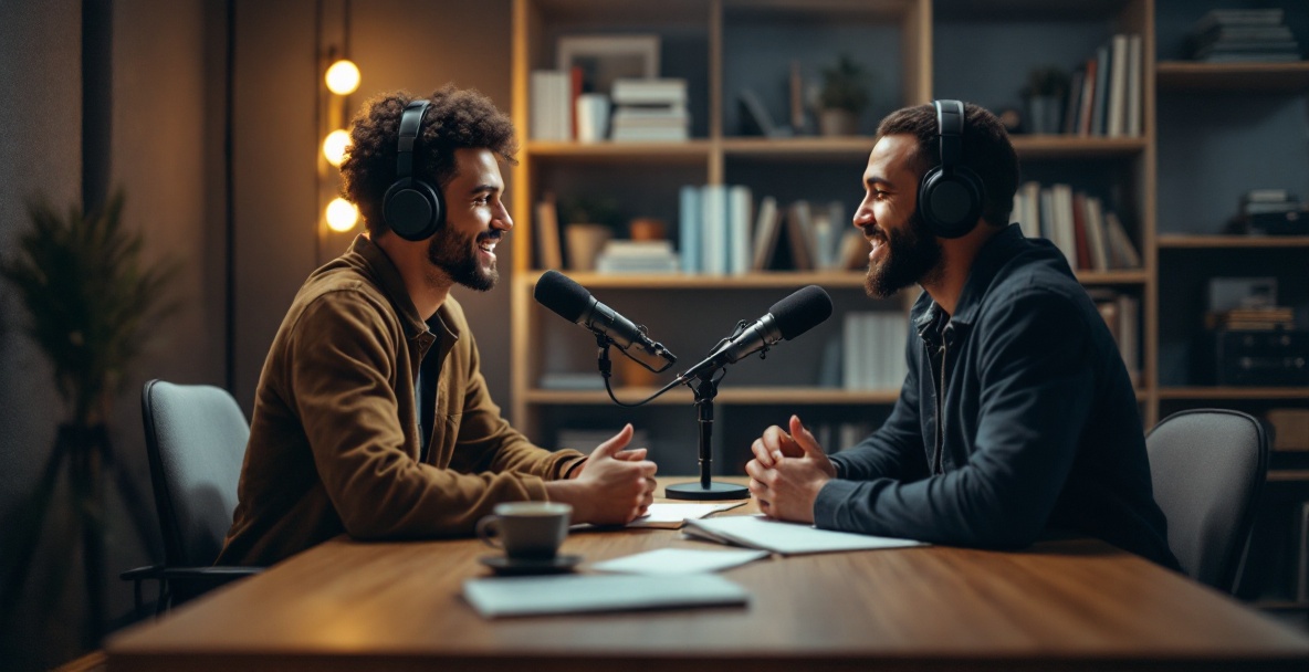 Podcast host and guest in cozy studio, engaged in animated conversation with professional equipment.