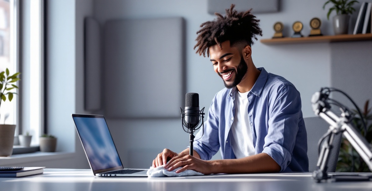 Podcaster in minimalist studio polishing microphone with awards and laptop nearby.