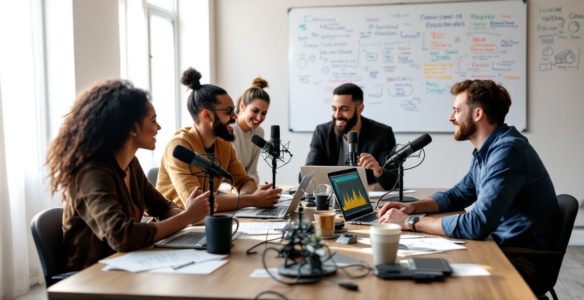 Diverse podcasters collaborate at a studio table with equipment and notes.