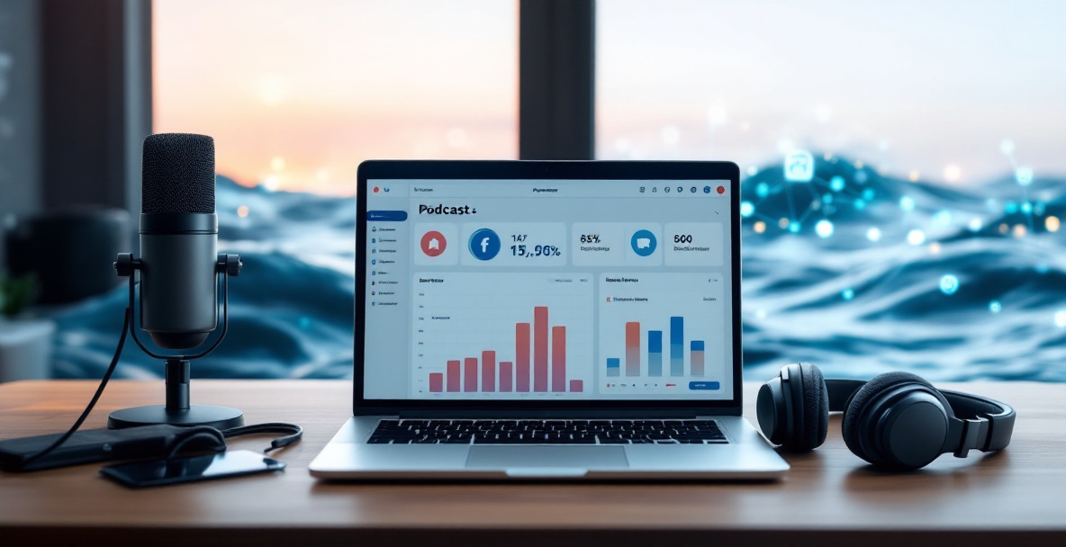 Podcast marketing scene with laptop displaying analytics, microphone, headphones, and digital ocean theme.