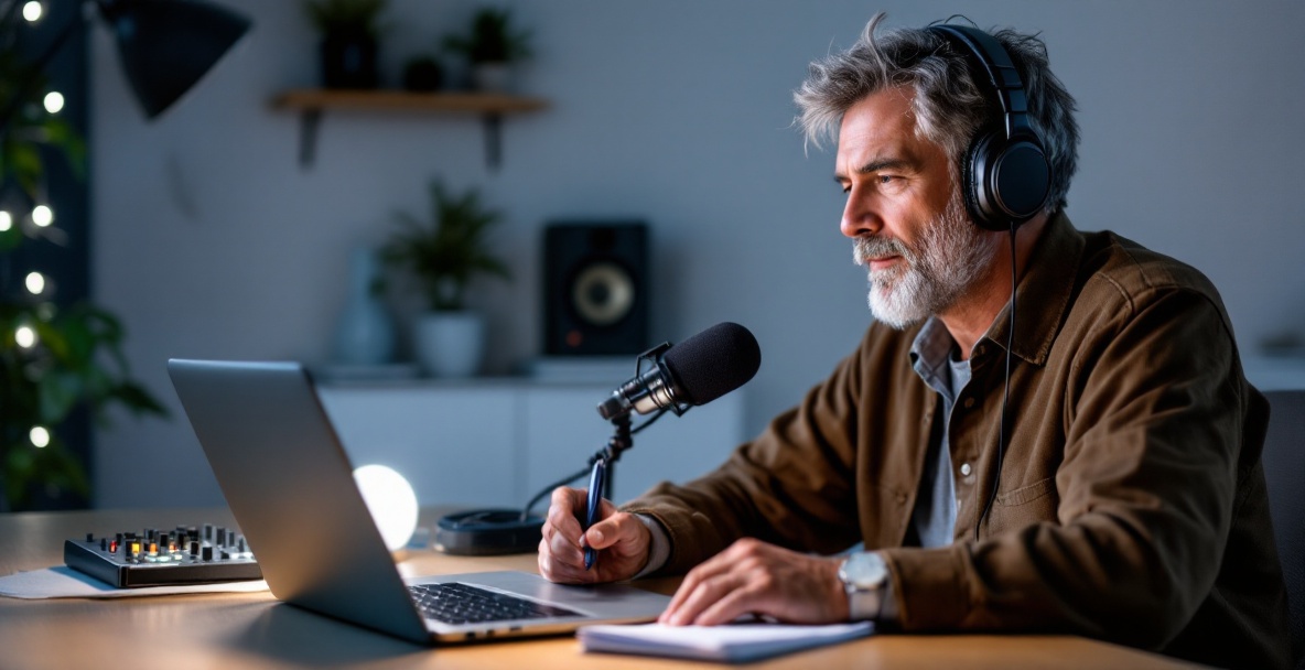 Podcaster listening to feedback in a modern studio with headphones, laptop, and notes.