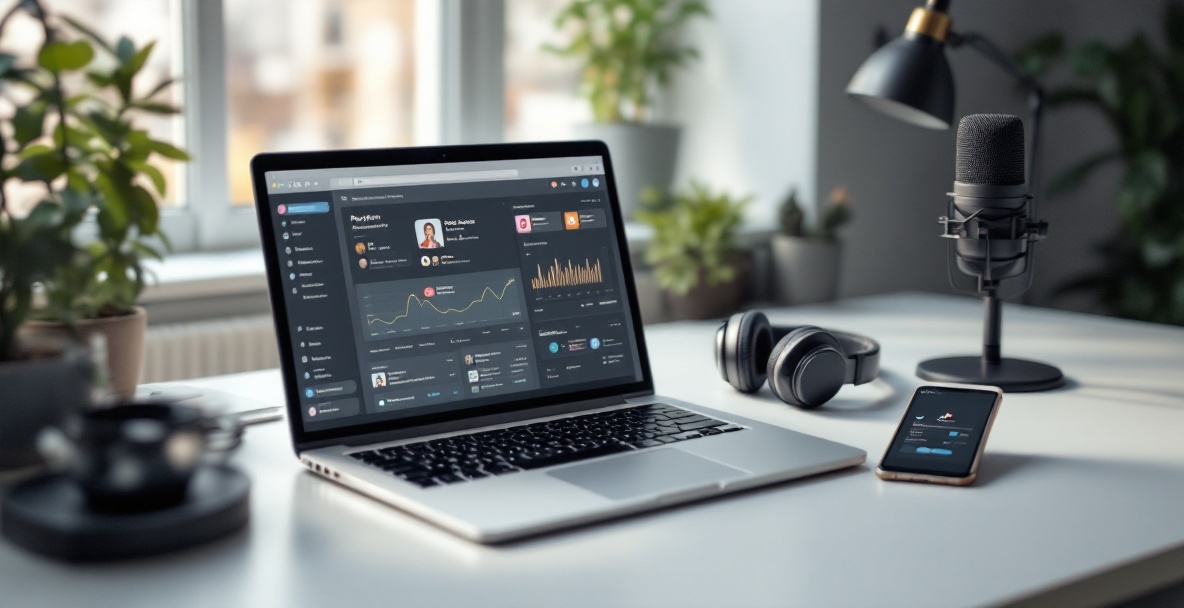 Modern workspace with a laptop showing podcast analytics, a phone with social media alerts, and podcasting gear.