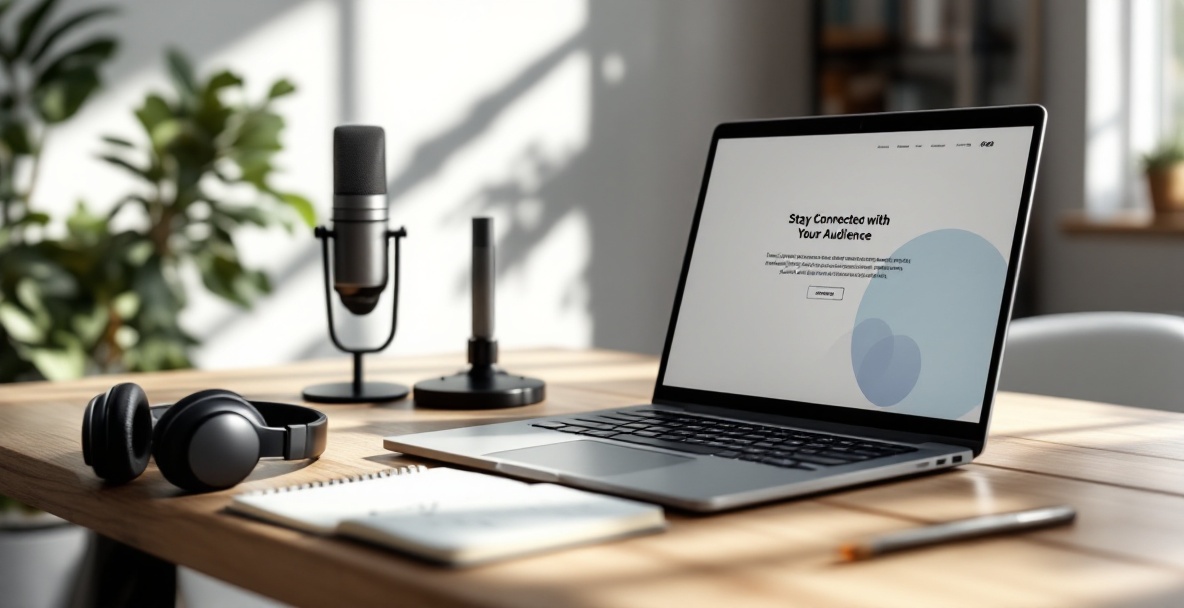 Modern workspace with laptop showing an email campaign, podcast gear on a desk.