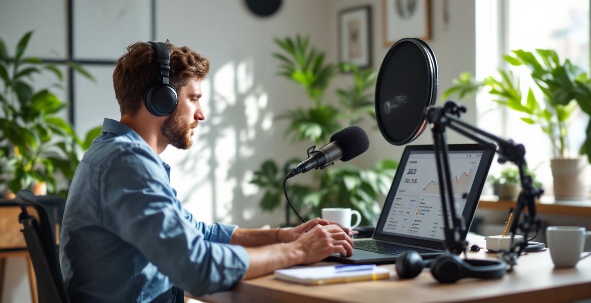 Podcaster in a modern home office using an analytics dashboard on a laptop.