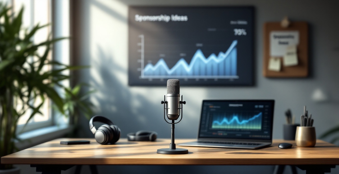 Modern podcast studio with microphone, headphones, laptop, and digital graph on the wall.