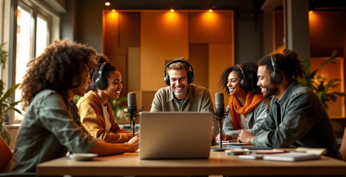 Diverse individuals in a modern podcast studio, focusing on a visually-impaired person using a laptop.