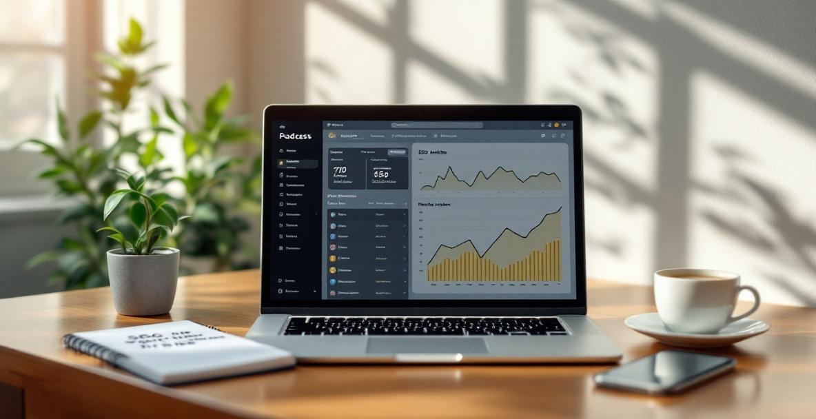 Minimalist workspace with laptop showing podcast analytics, SEO notepad, smartphone, coffee, and plant.