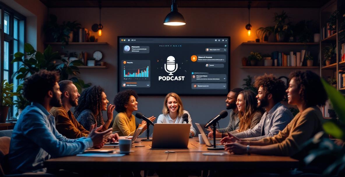 Diverse group discussing around a table with laptops and microphones in a cozy, softly lit room