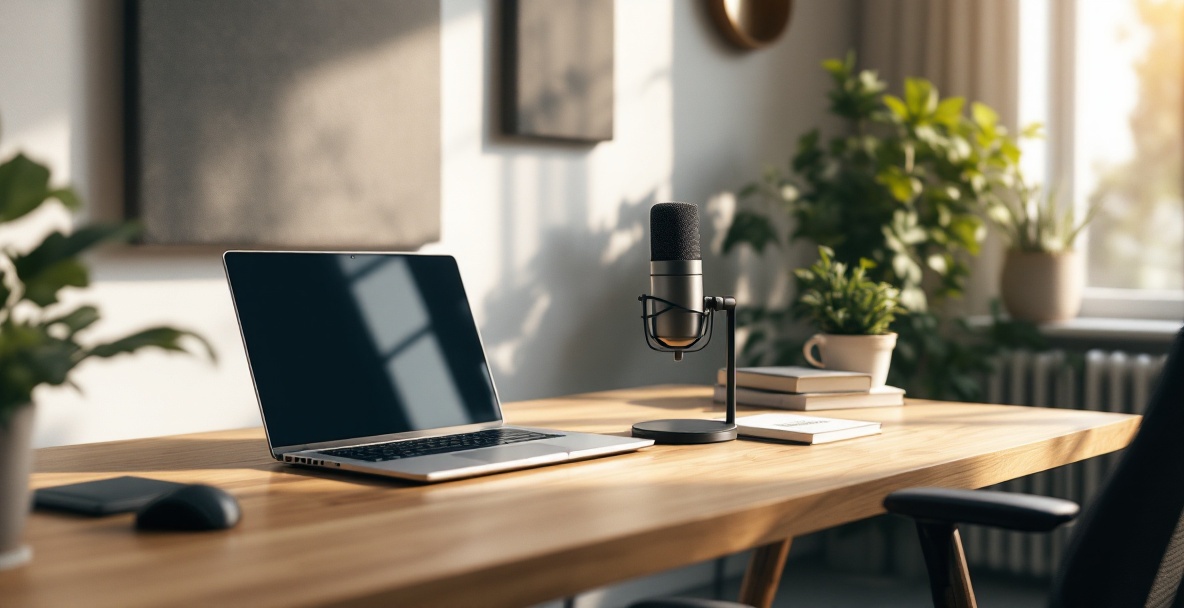 Modern podcasting workspace with microphone, laptop, and books on digital marketing.